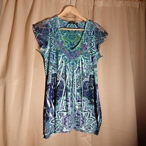 Patterned Cap Sleeve Shirt, teal,turquoise, purple